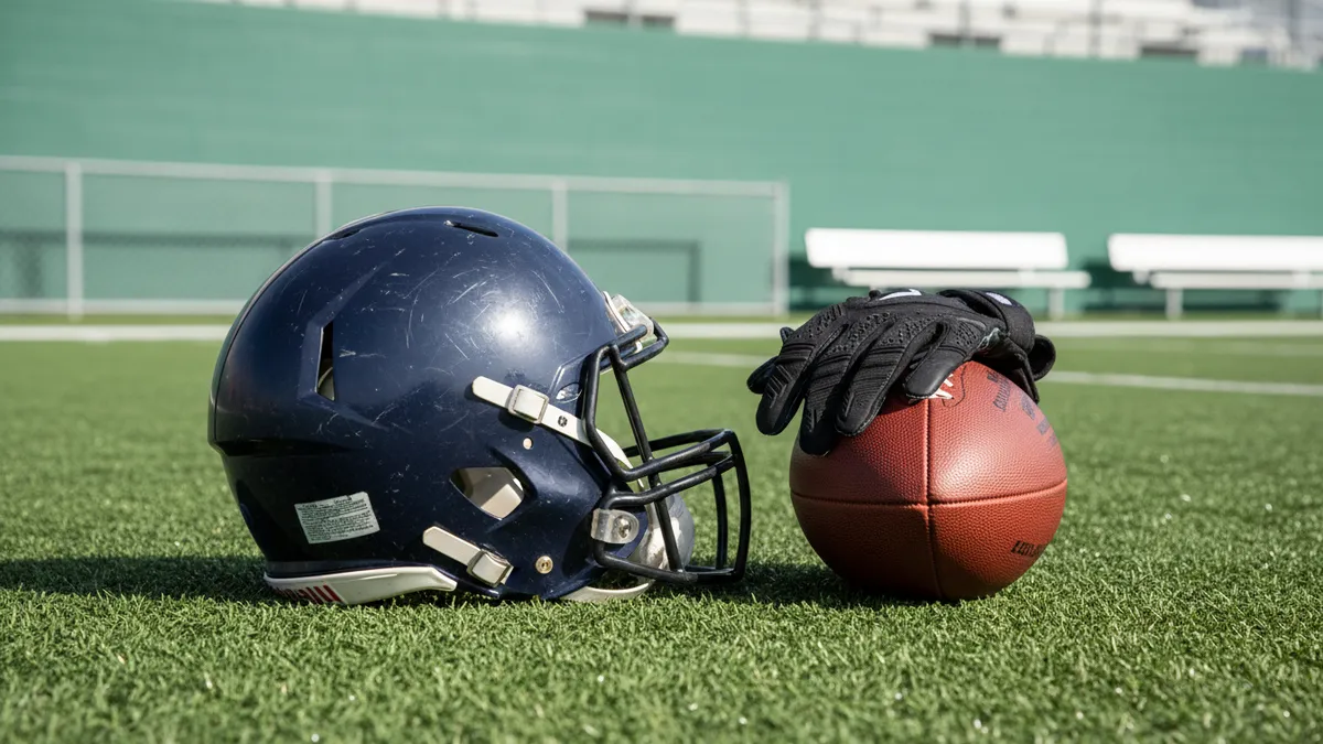 Casco, guantes y balón de la NFL en el césped, antes del partido.
