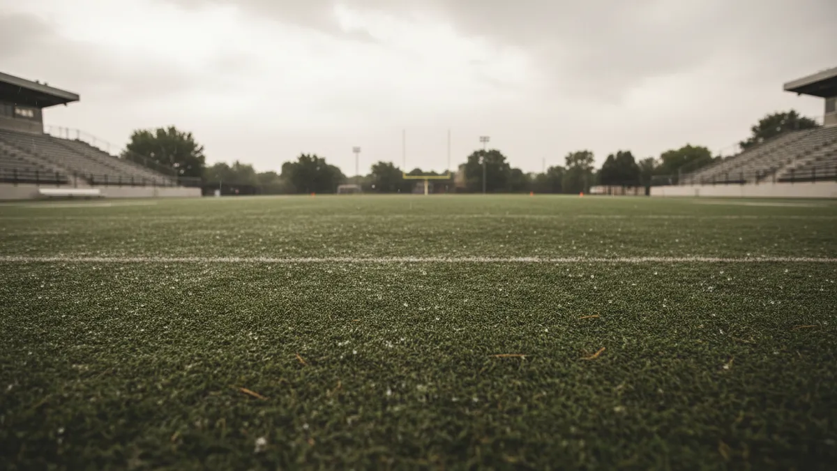 Campo de fútbol americano vacío mojado por la lluvia, listo para un partido de la NFL.