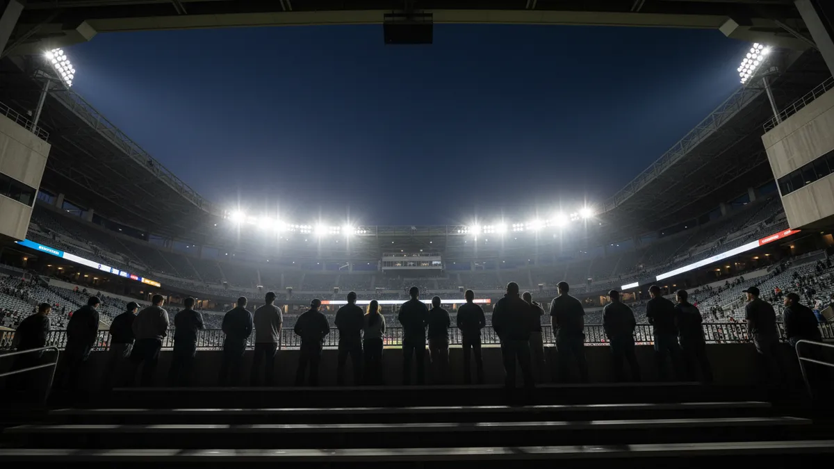 Aficionados de la NFL vistos desde atrás bajo la iluminación nocturna del estadio.