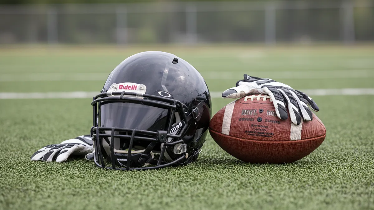 Casco, guantes y balón de la NFL sobre el césped.