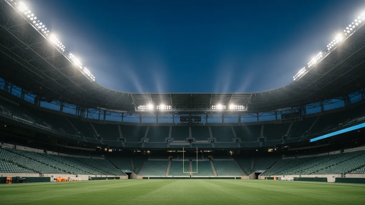 Luces de estadio de la NFL contra el cielo vespertino.