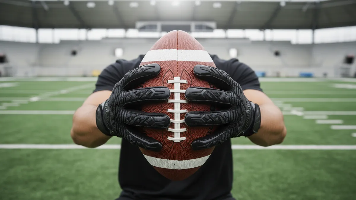 Manos de jugador de la NFL enfundadas en guantes sujetando un balón