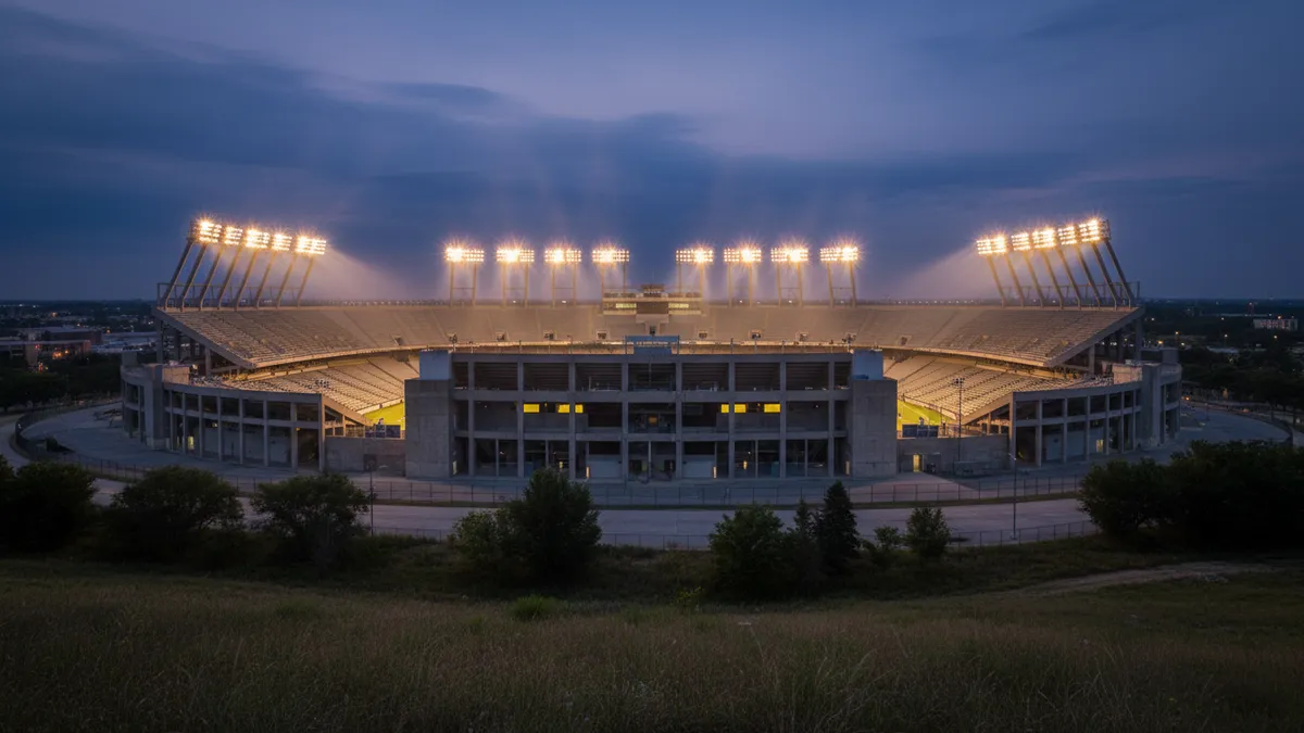Los focos de un estadio de la NFL iluminan el cielo vespertino.