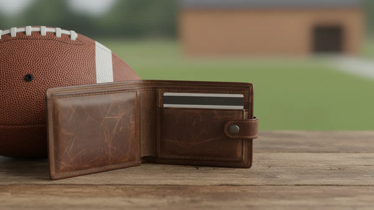 Cartera, tarjeta bancaria y balón de fútbol americano en mesa de madera.