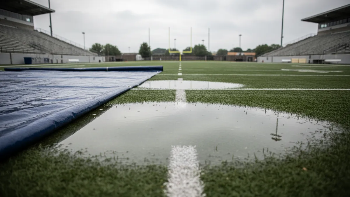 Campo de fútbol americano vacío y mojado tras la lluvia.