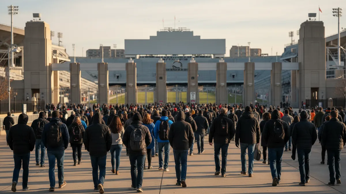 Aficionados de la NFL caminando hacia un estadio al atardecer