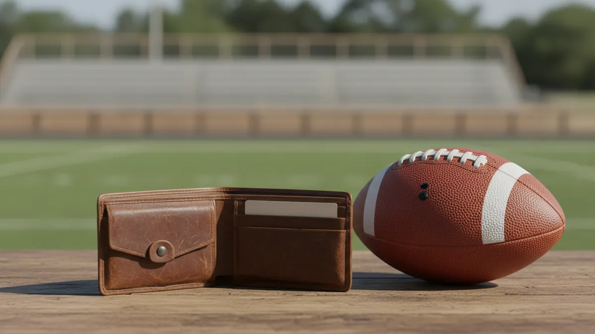 Cartera con tarjeta bancaria junto a un balón de fútbol americano en una mesa.
