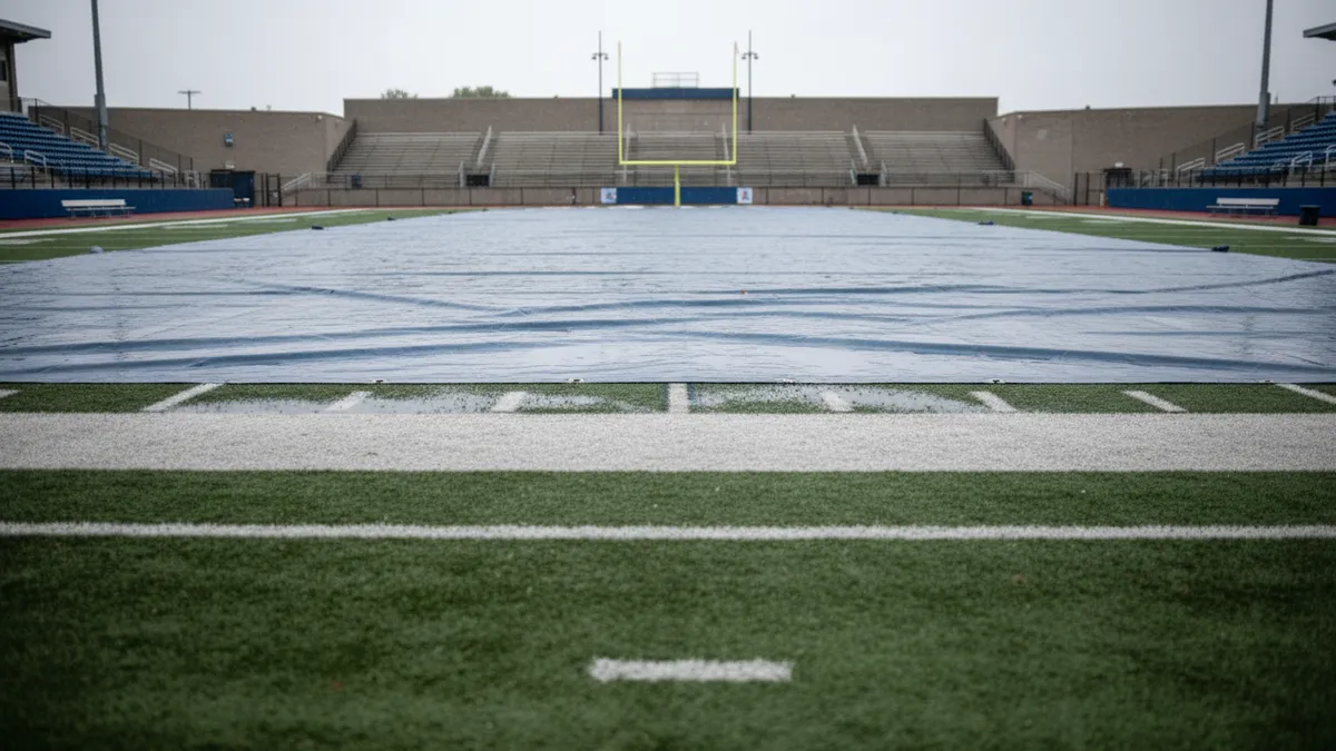 Un campo de la NFL mojado por la lluvia y cubierto por una lona.