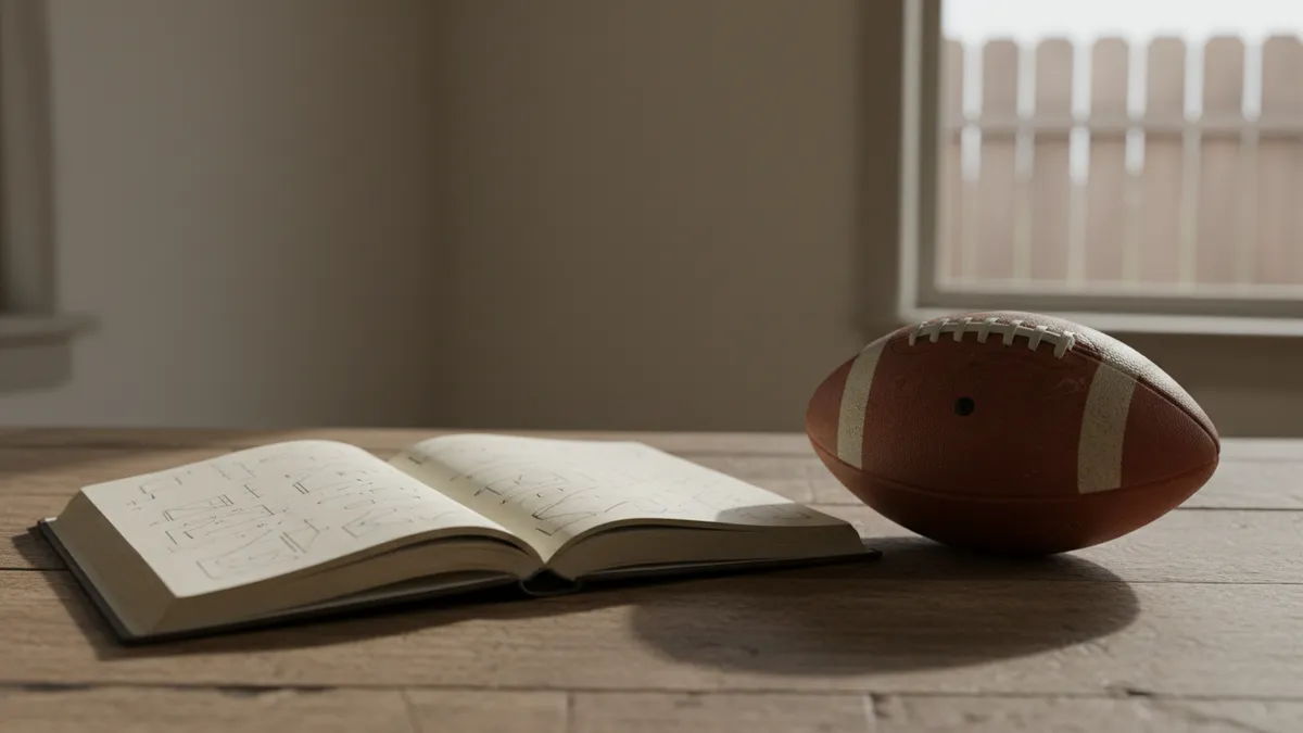 Cuaderno con anotaciones a lápiz y un balón de fútbol americano en una mesa.