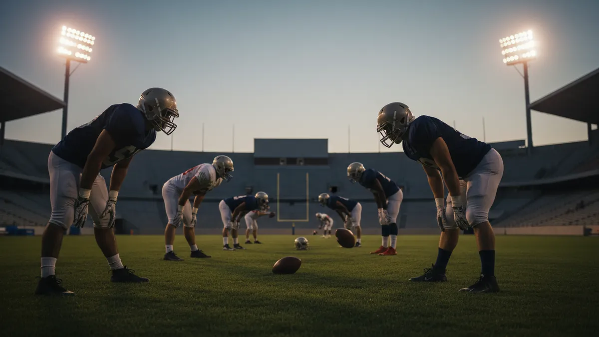 Jugadores de la NFL calentando en la banda del campo.
