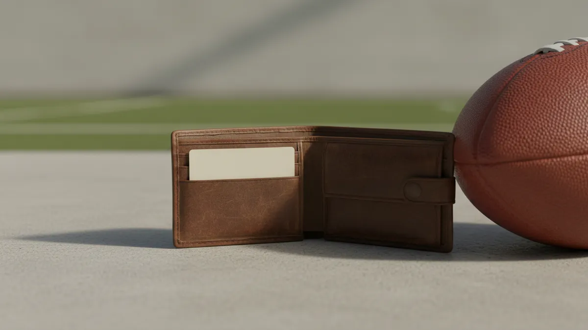 Cartera con tarjeta bancaria junto a un balón de la NFL.