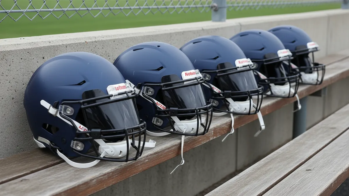 Una fila de cascos de la NFL en un banco, listos para la acción.