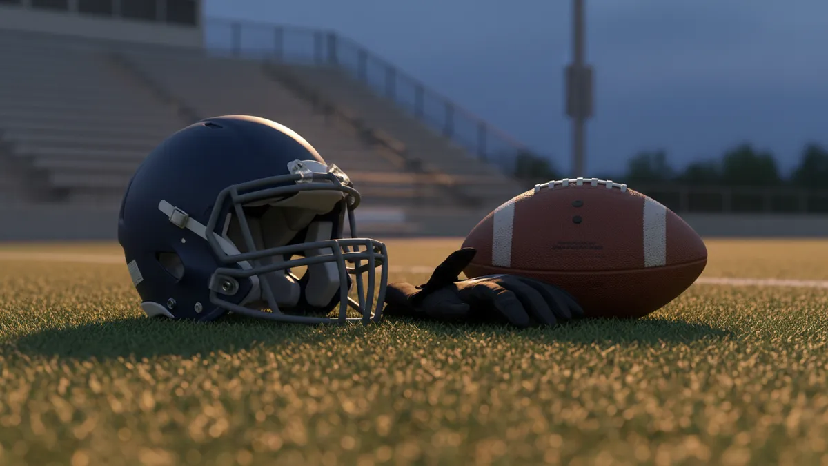 Casco de fútbol americano, guantes y balón de la NFL en el césped.