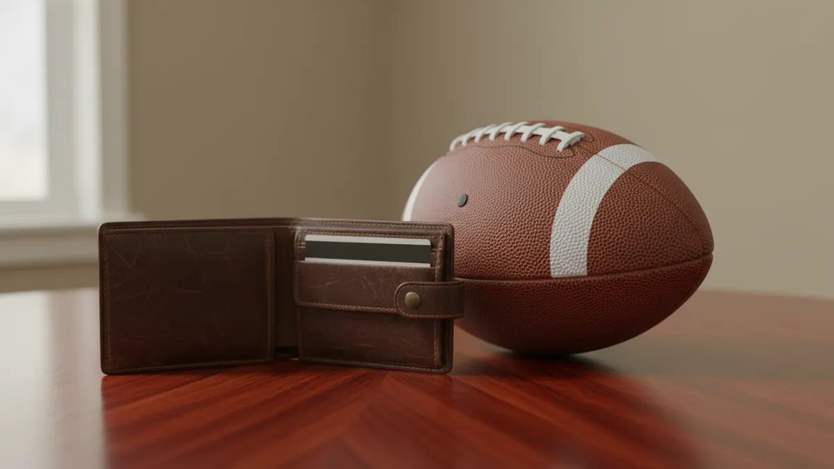 Cartera con tarjeta bancaria junto a un balón de fútbol americano sobre una mesa.