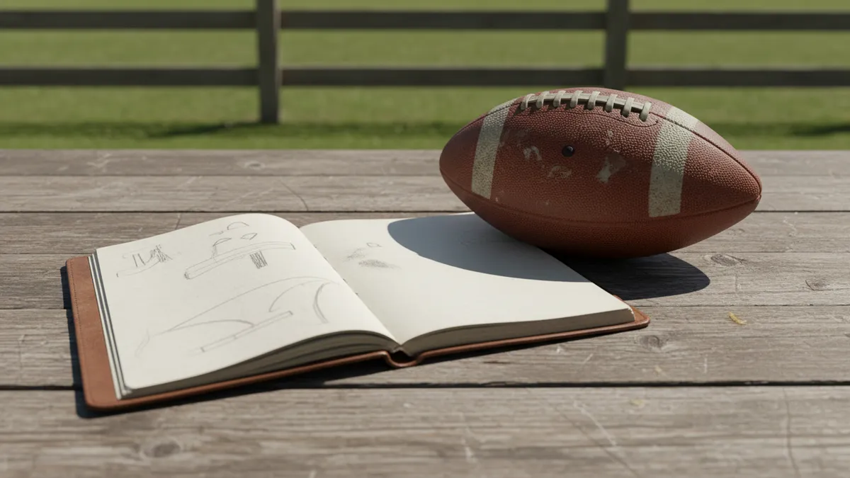Un cuaderno abierto con anotaciones junto a un balón de la NFL.