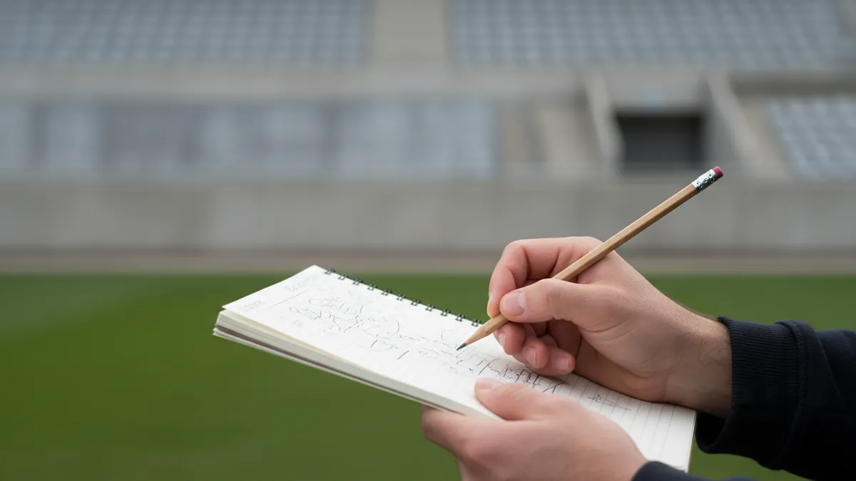 Manos con lápiz y cuaderno, analizando datos de la NFL.