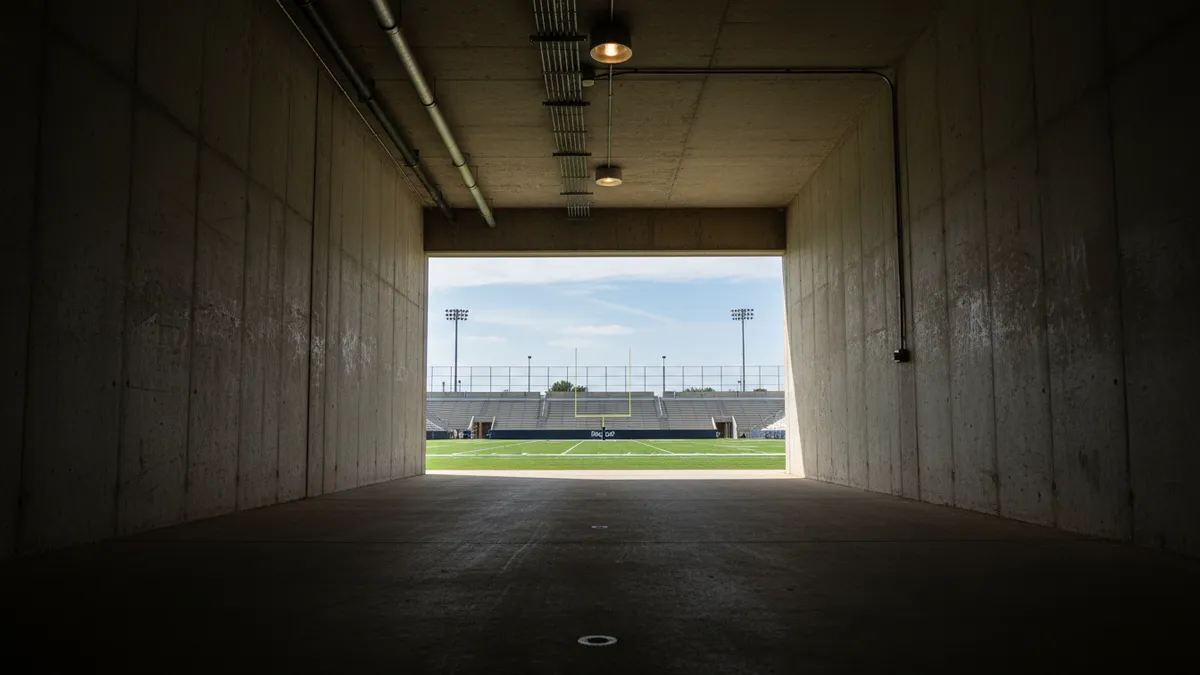El túnel vacío del campo de la NFL, iluminado al final.