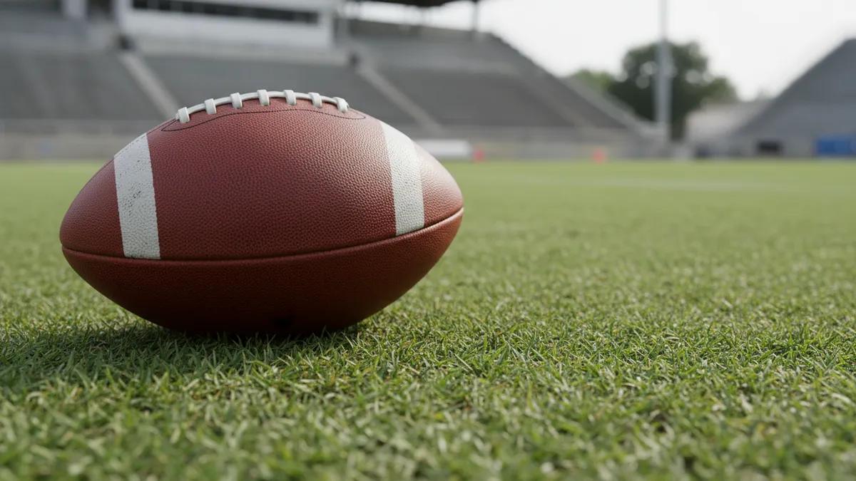 Un balón de fútbol americano en el césped en la línea de golpeo.