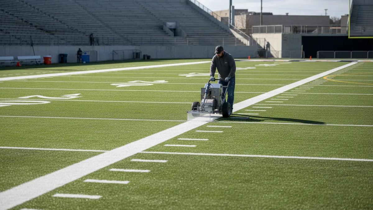 Preparación del campo de la NFL con máquina de pintura sobre el césped.