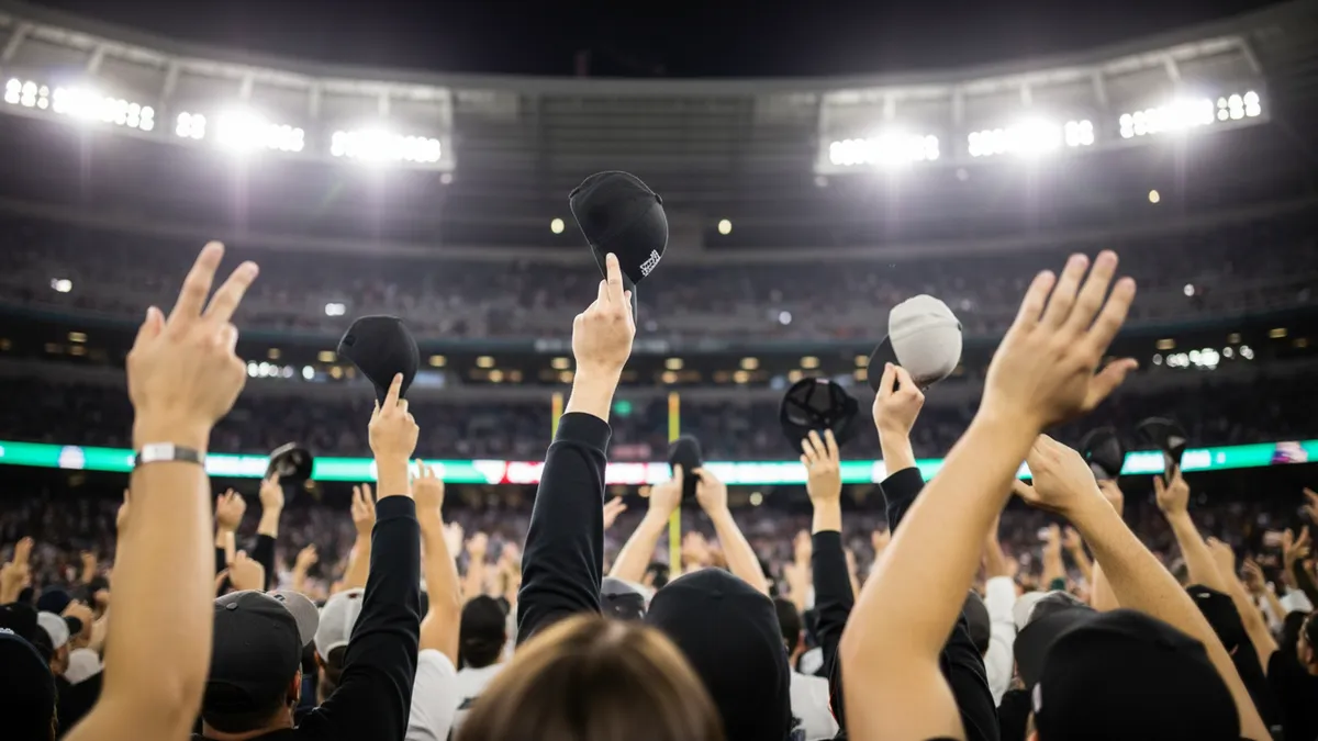 Manos de espectadores levantadas con gorras en un estadio de fútbol americano.