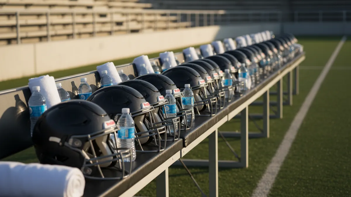 Cascos, toallas y botellas en el banquillo de un partido de la NFL.