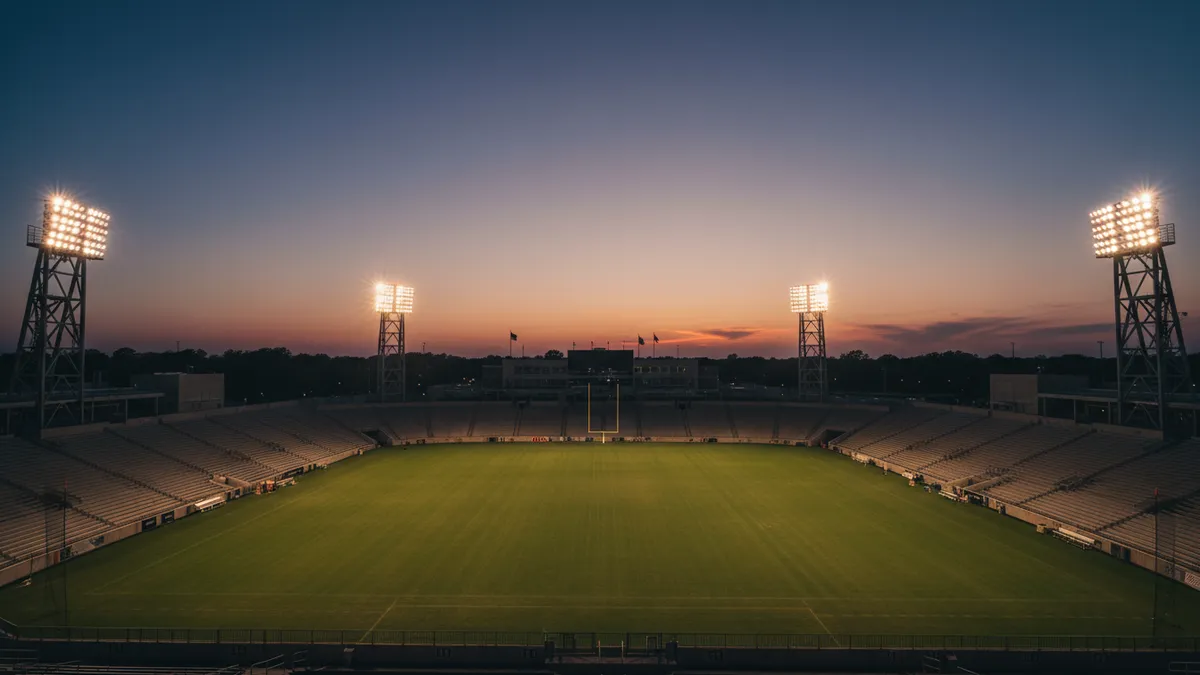 Luces potentes del estadio de la NFL contra el cielo del anochecer.