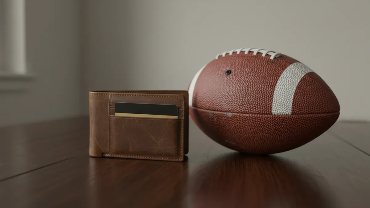 Billetera con tarjeta bancaria y balón de la NFL, sobre mesa